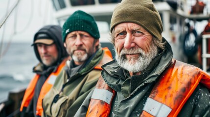 Wall Mural - Three men on a boat wearing life jackets with a stern expression against a backdrop of a vast body of water.