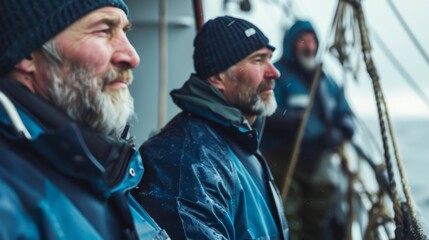 Wall Mural - Three men on a boat dressed in blue jackets and hats looking into the distance with serious expressions.