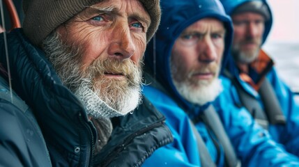 Wall Mural - Three men with beards wearing winter clothing and hats sitting in a boat looking ahead with serious expressions possibly in a cold or wet environment.