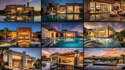 Wall Mural - Collage of Luxury villas with swimming pool at sunset.