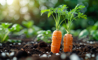 Wall Mural - Two carrots are planted in the dirt, one of which is sprouting