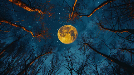 Wall Mural - full moon night sky scene with tree branches in dark forest. night sky and full yellow bright big ro