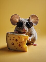 Wall Mural - Cheerful Mouse in Sunglasses with Hole-riddled Cheese on Yellow Background