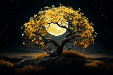 Wall Mural - Mystical tree with glowing leaves under a full moon and a star-filled night sky
