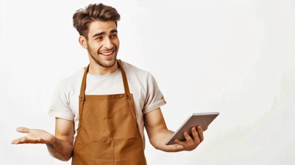 Poster - Young man with a beard wearing a brown apron, holding a tablet and smiling. White background. Modern casual style. Portrays a friendly and approachable person in a professional setting. 