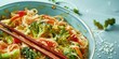 © JovialFox - Asian-style stir-fried broccoli with carrots and noodles, on a blue background with space for text, perfect for culinary presentations.