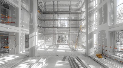 A spacious interior undergoing construction, with scaffolding and insulation in the process of being installed