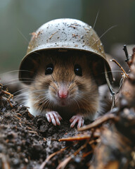Wall Mural - A small brown mouse is wearing a helmet