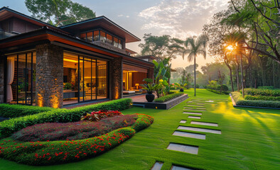 Wall Mural - A large house with a lush green lawn and a path leading to it