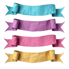 four colorful, crumpled paper ribbons in blue, purple, pink, and yellow. perfect for design and deco
