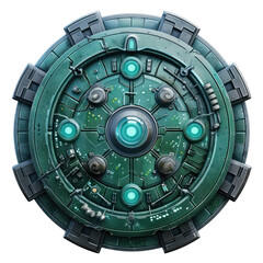 Wall Mural - Circular cyberpunk shield with futuristic blue lights and intricate technological details against a white background, close-up view.