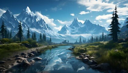 Wall Mural - Panoramic view of the mountains and the river. Beautiful summer landscape.