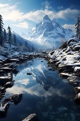 Wall Mural - Snowy mountain landscape with river and reflection in water. Panorama