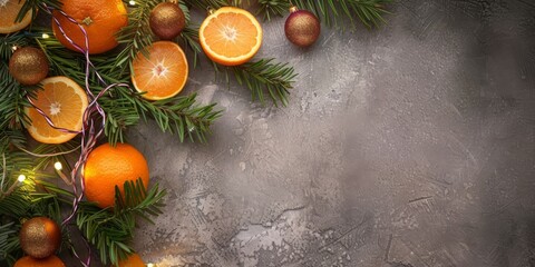 Festive Christmas background with tangerines and fir tree branches, perfect for holiday-themed visuals.