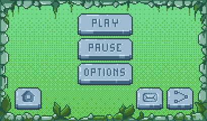 Pixel game menu. Retro video game buttons, 8 bit asset, UI interface elements for mobile. Vector arcade design set