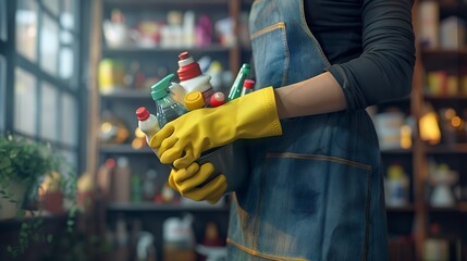 Person holding cleaning supplies in denim apron and yellow gloves at home