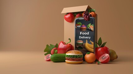 3D rendering of a smartphone with a food delivery app on the screen, Food delivery fast online, convenient app, nice interface, perfect for fast healthy food business, copy space, place for text