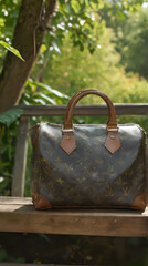 a brown and black bag sitting on a wooden bench