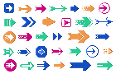 Wall Mural - Pixel 8 bit arrows. Dotted retro navigation cursors, retro 8 bit direction pointers, retro 8 bit arrow icons. Vector 8 bit game elements set