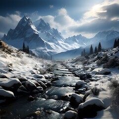 Wall Mural - Beautiful winter landscape with a mountain river and snow-capped peaks