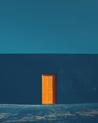 Minimalist design bright doorway on dark blue canvas symbolizes invitation to new opportunities.