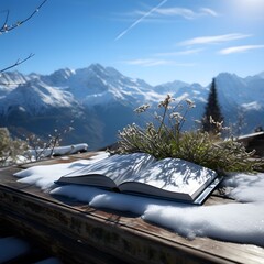 Wall Mural - Book on the background of snow-capped mountains and blue sky