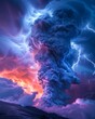 © chakrapong - A mesmerizing volcanic eruption lit up by lightning in a vibrant sky of baby blue, salmon-orange, peach, and ruby red.