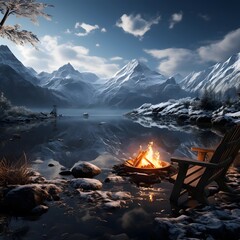 Wall Mural - Camping by the lake in the mountains at night. 3d rendering