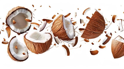 Poster - Vibrant scattered coconut halves on a white background. This image captures the natural texture of coconut shells and water. Ideal for healthy eating concepts, tropical themes