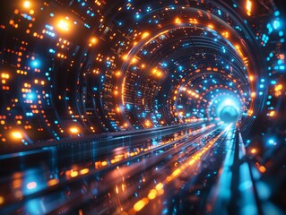 Blue and orange cyber tunnel with pulsating lights of data converging towards a brilliant focal point.