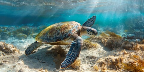 Wall Mural - Green sea turtle in the Mediterranean Sea, perfect for underwater and marine life photography.