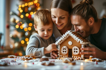 Wall Mural - Family moment as parents and child bond over creating a gingerbread house, surrounded by festive lights and decorations.