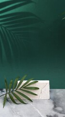 Poster - Minimal modern product display of travertine on reach green background with palm leaves and shadow overlay