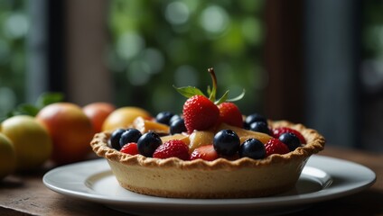 A tight shot of a pie on a plate, garnished with a leaf atop Background features additional fruits.