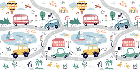 Seamless pattern with hand-drawn cars, signs, dots, roads. Cartoon, cute print background, kids, paper, print. vector illustration in the style of trending art