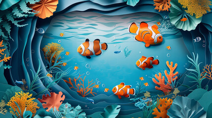 Wall Mural - Fish and corals theme wallpaper in layered paper cut style. 
