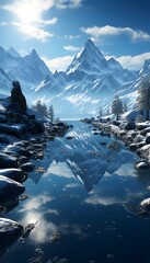 Wall Mural - Mountains reflected in the water of a mountain lake. Panorama.