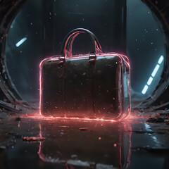 a suitcase with a glowing handle sitting in a tunnel