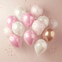 Wall Mural - Background for birthday party and celebration with pink, white gold and pastel balloons with confetti 