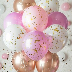 Wall Mural - Background for birthday party and celebration with pink, white gold and pastel balloons with confetti 