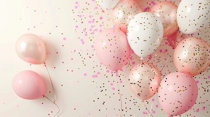 Wall Mural - Background for birthday party and celebration with pink, white gold and pastel balloons with confetti 