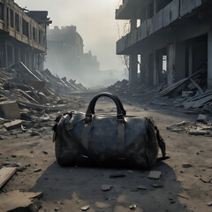 Wall Mural - a bag sitting on the ground in a destroyed city