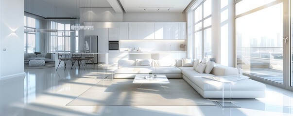 Wall Mural - An expansive and pristine white living room filled with natural light, showcasing minimalist design and modern luxury