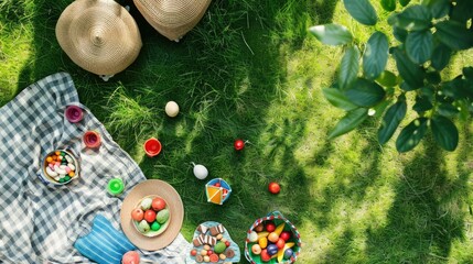 Sticker - A group of children is enjoying a picnic surrounded by grass, trees, and shrubs in a natural landscape. They are leisurely soaking up the sun and appreciating the beauty of the environment AIG50