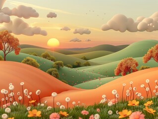 Wall Mural - Illustration of a spring landscape with green fields, in the style of a cartoon