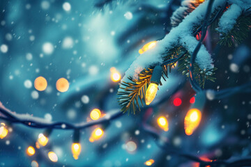 Poster - Snow-covered branches under a winter sky, adorned with festive lights adding warmth to the chilly evening