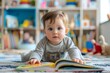 © vanilnilnilla - Curious Toddler Deeply Engaged in Reading their First Book,Surrounded by Colorful Toys and Books in a Cozy Nursery Environment Promoting Early Learning and Education