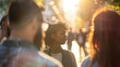 © Justlight - Defocused image of a group of diverse individuals engaged in a lively discussion with a hazy city street in the background portraying the collaborative and stimulating nature of intellectual .