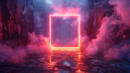 A neon frame portal stands amidst a mystical foggy scene surrounded by rocky cliffs, evoking a sense of adventure and magic