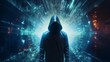 © Suchanon - Mysterious figure in a hood facing a vast digital network with neon lights and cityscape in the background, symbolizing cybersecurity or hacking.